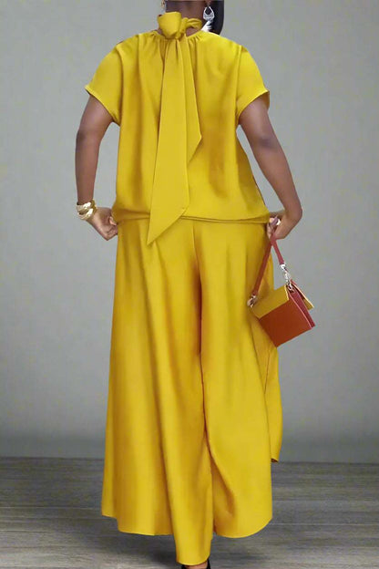 Women's Satin Silky Short Sleeve Top and Wide Leg Pants Two-piece Outfit Set - ChoreGirl