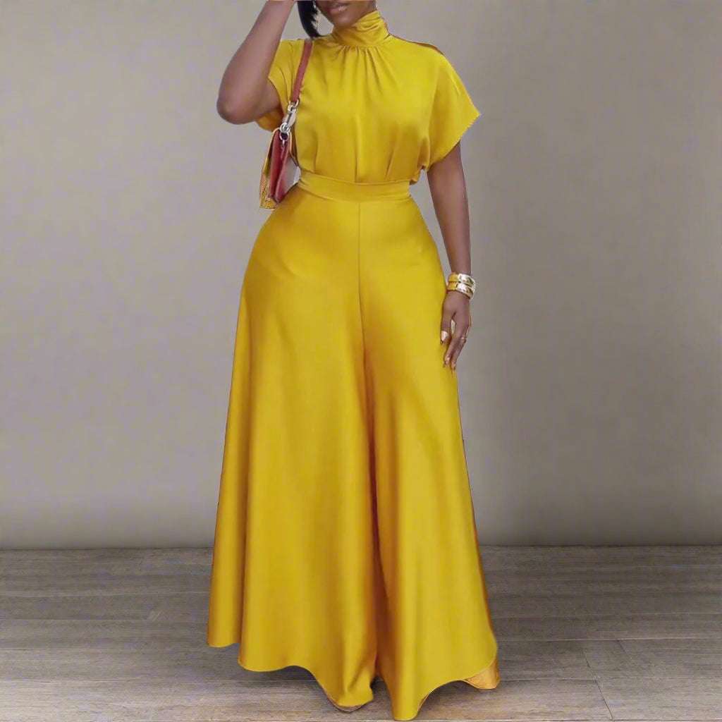 Women's Satin Silky Short Sleeve Top and Wide Leg Pants Two-piece Outfit Set - ChoreGirl