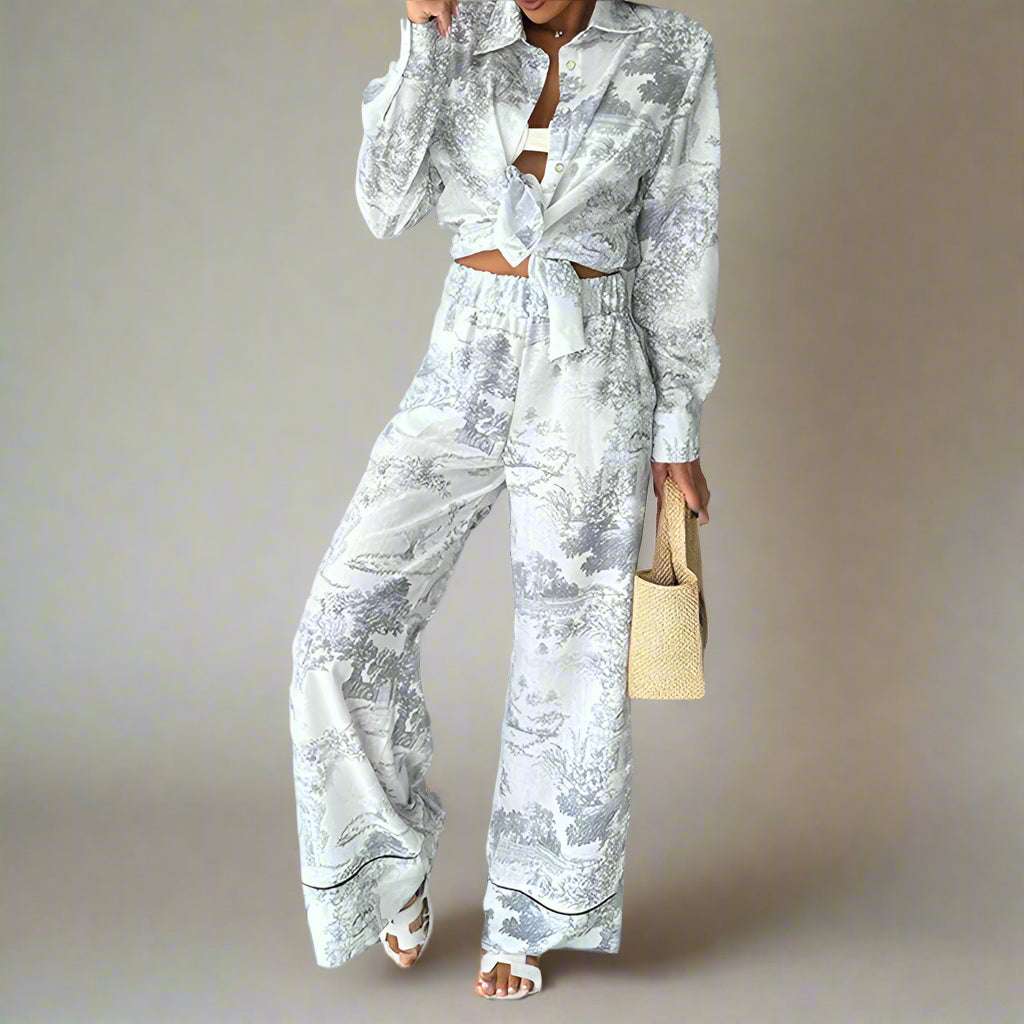 Women's Shirt and Wide-leg Pants Loungewear Outfit Set - ChoreGirl