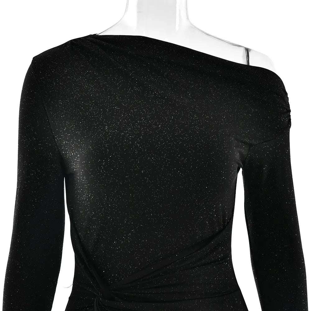 Women's Slim Fit Long Sleeve Oblique Shoulder Pleated Event Gown Dress - ChoreGirl