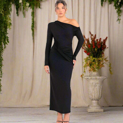 Women's Slim Fit Long Sleeve Oblique Shoulder Pleated Event Gown Dress - ChoreGirl