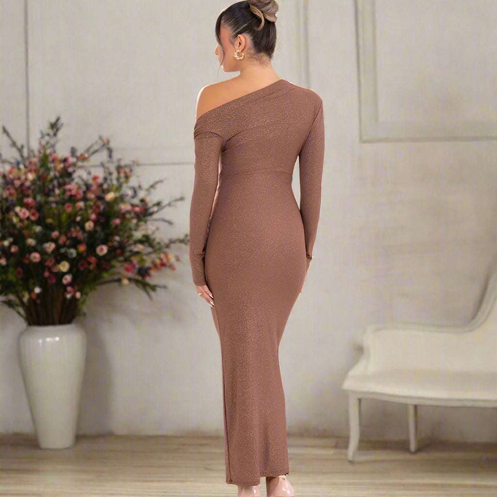 Women's Slim Fit Long Sleeve Oblique Shoulder Pleated Event Gown Dress - ChoreGirl