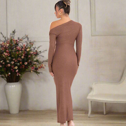 Women's Slim Fit Long Sleeve Oblique Shoulder Pleated Event Gown Dress - ChoreGirl
