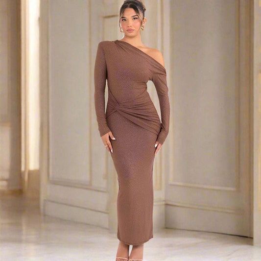 Women's Slim Fit Long Sleeve Oblique Shoulder Pleated Event Gown Dress - ChoreGirl