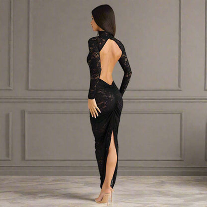 Women's Slim-fit See-through Two-piece Half Turtleneck Evening Gown with Bare Back - ChoreGirl