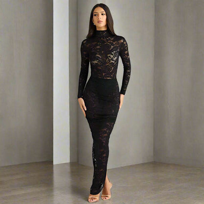 Women's Slim-fit See-through Two-piece Half Turtleneck Evening Gown with Bare Back - ChoreGirl