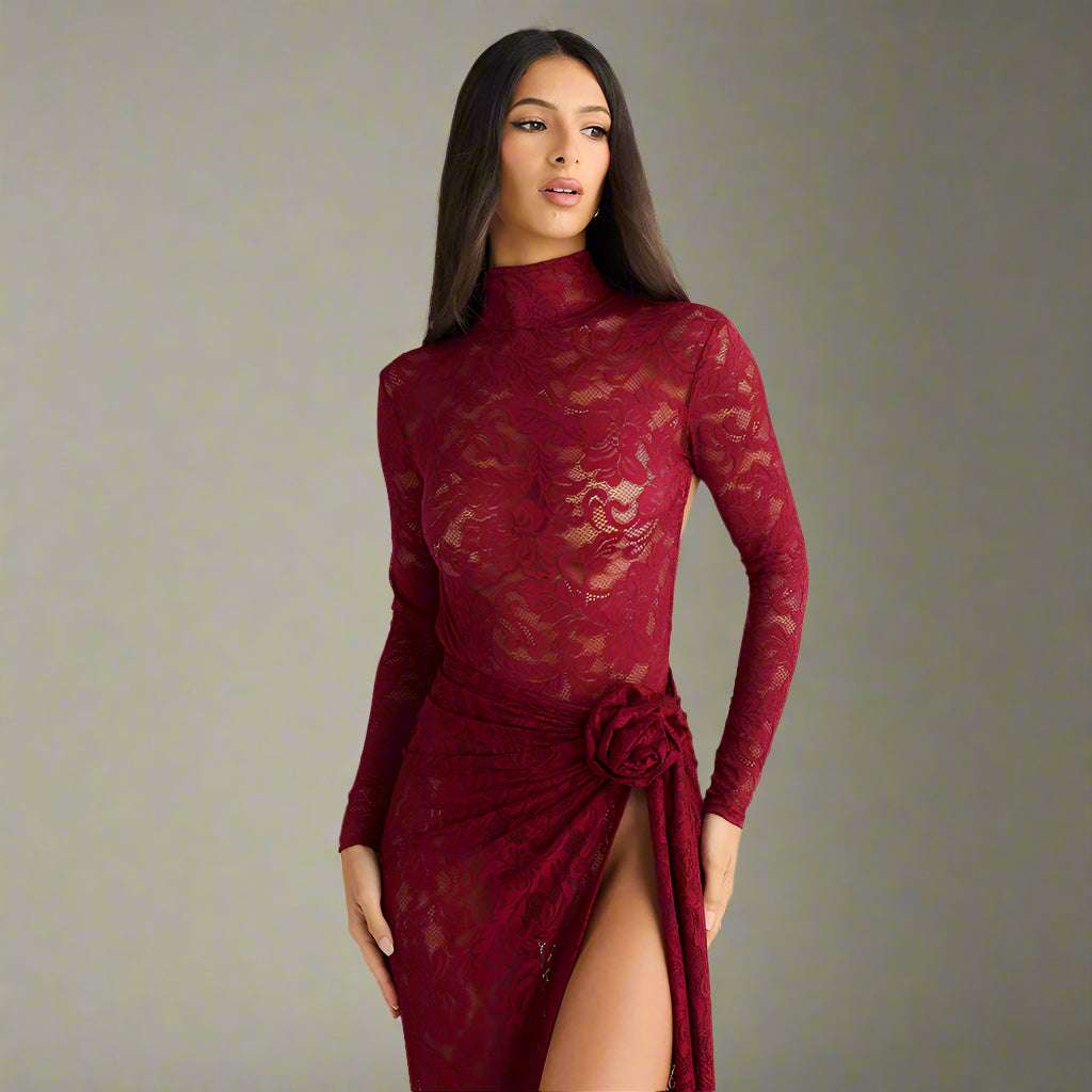 Women's Slim-fit See-through Two-piece Half Turtleneck Evening Gown with Bare Back - ChoreGirl