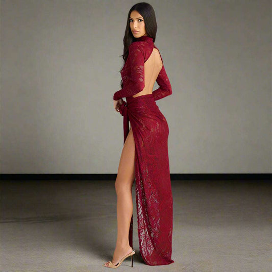 Women's Slim-fit See-through Two-piece Half Turtleneck Evening Gown with Bare Back - ChoreGirl