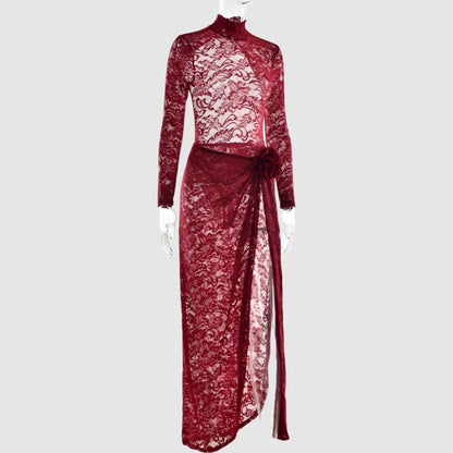 Women's Slim-fit See-through Two-piece Half Turtleneck Evening Gown with Bare Back - ChoreGirl