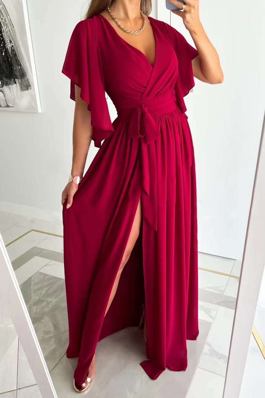 Women's Solid Color Bell Sleeve Loose V-neck Long Dress - ChoreGirl