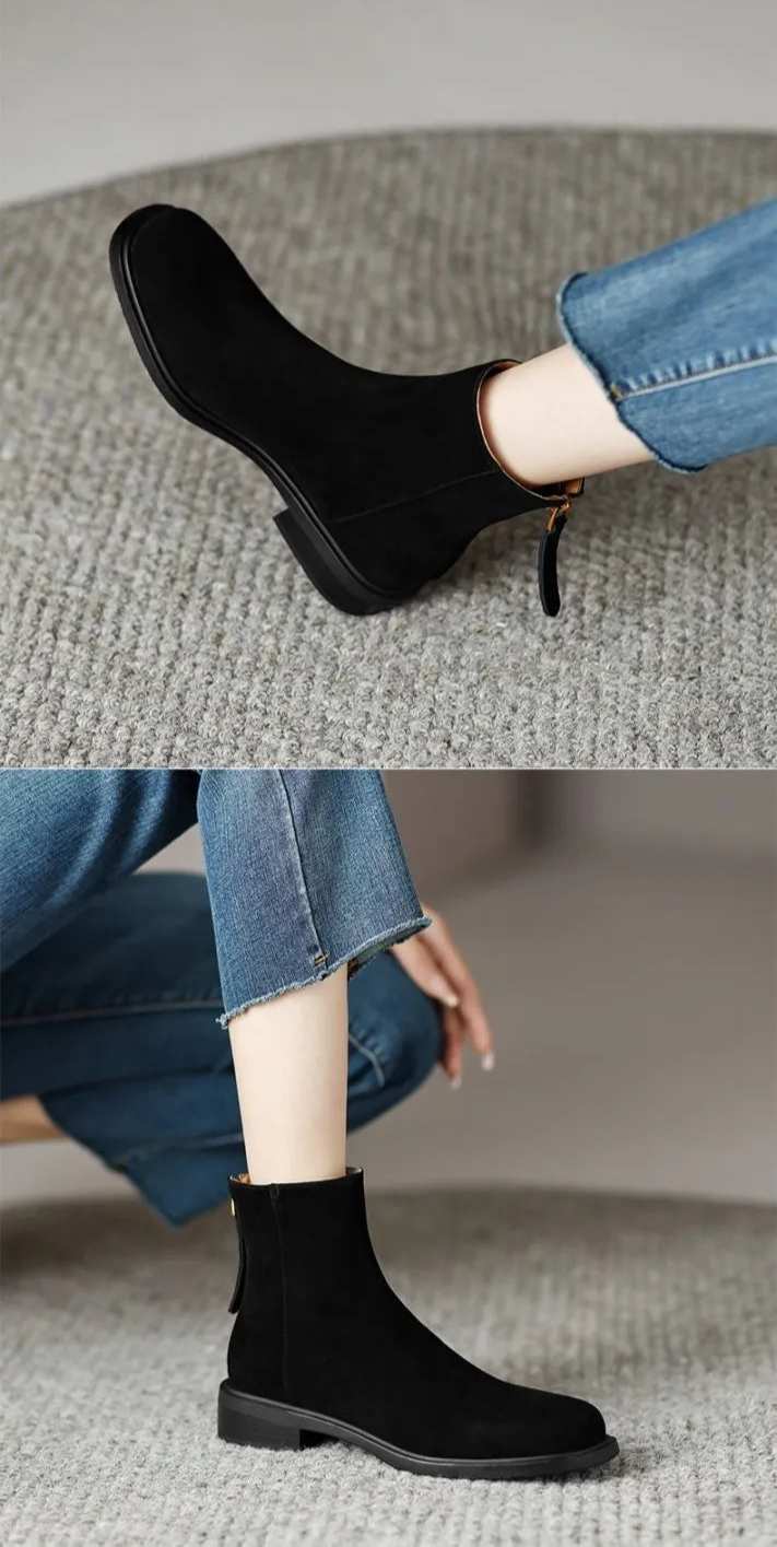 Women's Suede Short Barrel Chunky Heel Boots with Back Zipper - ChoreGirl