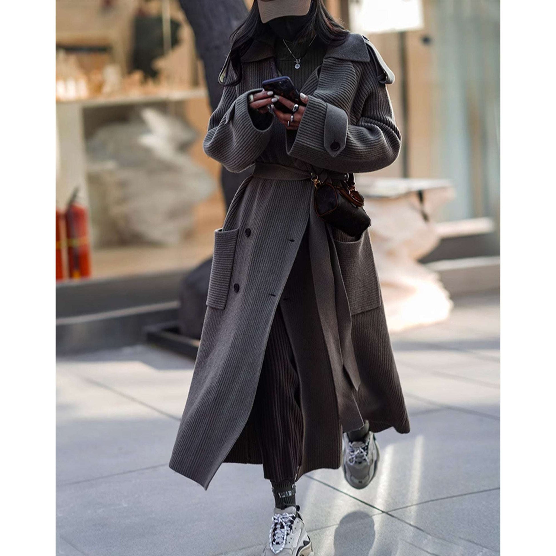 Women's Thick Loose Design Knit Long Cardigan Coat Made of Sheep Wool - ChoreGirl