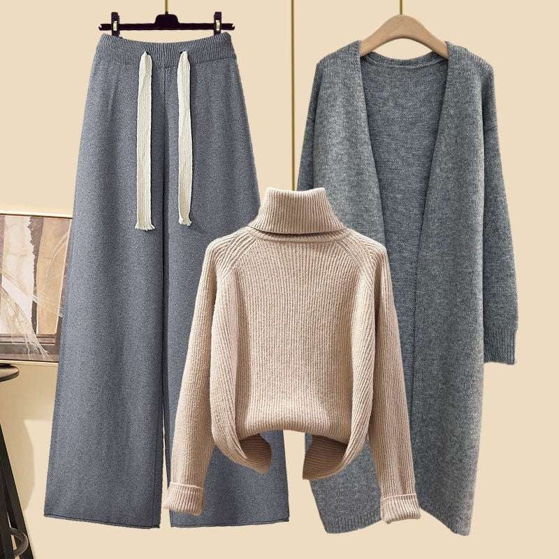 Women's Thick Turtleneck Sweater, Wide Leg Pants and Long Cardigan Outfit Set Pieces - ChoreGirl