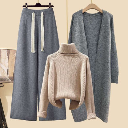 Women's Thick Turtleneck Sweater, Wide Leg Pants and Long Cardigan Outfit Set Pieces - ChoreGirl