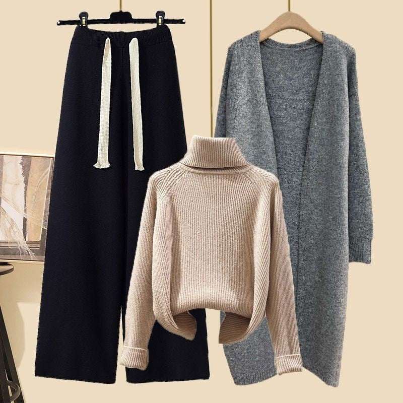 Women's Thick Turtleneck Sweater, Wide Leg Pants and Long Cardigan Outfit Set Pieces - ChoreGirl