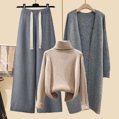 Women's Thick Turtleneck Sweater, Wide Leg Pants and Long Cardigan Outfit Set Pieces - ChoreGirl