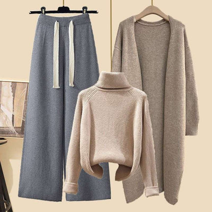Women's Thick Turtleneck Sweater, Wide Leg Pants and Long Cardigan Outfit Set Pieces - ChoreGirl