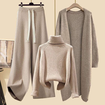 Women's Thick Turtleneck Sweater, Wide Leg Pants and Long Cardigan Outfit Set Pieces - ChoreGirl