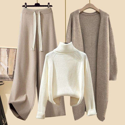 Women's Thick Turtleneck Sweater, Wide Leg Pants and Long Cardigan Outfit Set Pieces - ChoreGirl