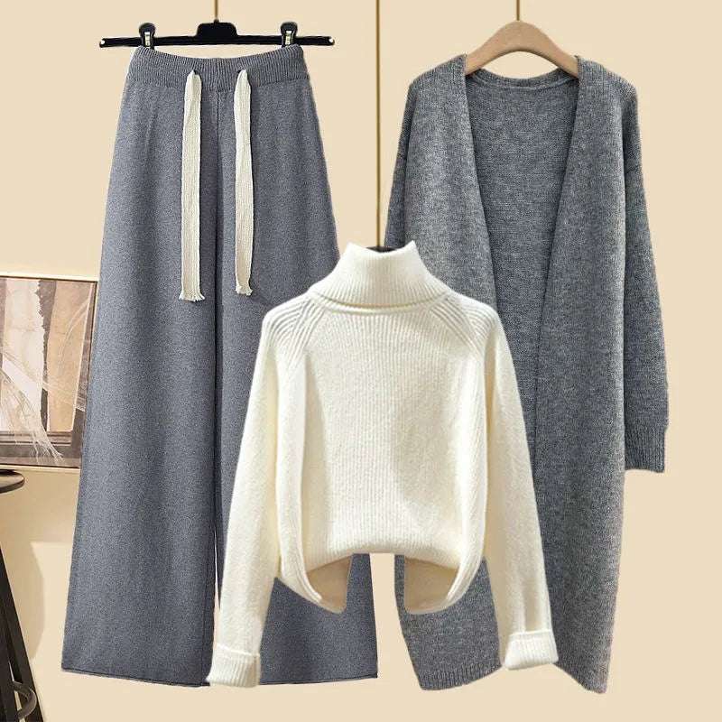 Women's Thick Turtleneck Sweater, Wide Leg Pants and Long Cardigan Outfit Set Pieces - ChoreGirl