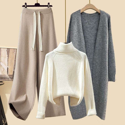 Women's Thick Turtleneck Sweater, Wide Leg Pants and Long Cardigan Outfit Set Pieces - ChoreGirl