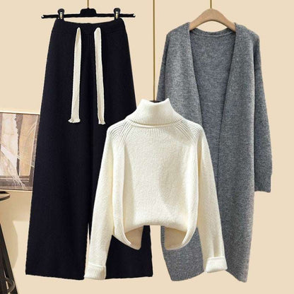 Women's Thick Turtleneck Sweater, Wide Leg Pants and Long Cardigan Outfit Set Pieces - ChoreGirl