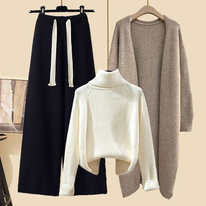 Women's Thick Turtleneck Sweater, Wide Leg Pants and Long Cardigan Outfit Set Pieces - ChoreGirl