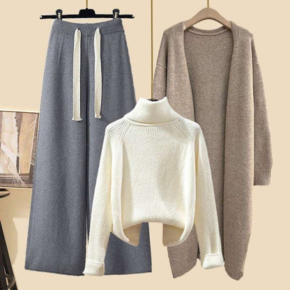 Women's Thick Turtleneck Sweater, Wide Leg Pants and Long Cardigan Outfit Set Pieces - ChoreGirl