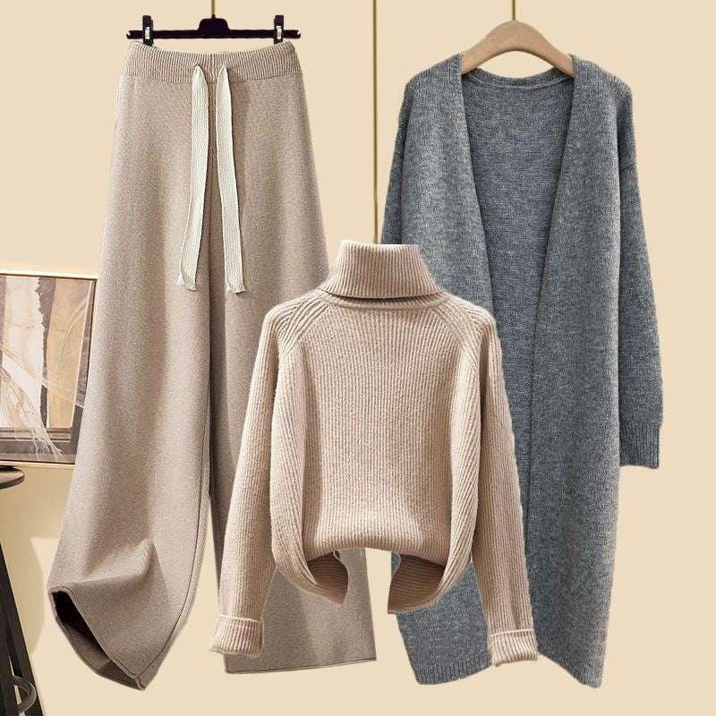 Women's Thick Turtleneck Sweater, Wide Leg Pants and Long Cardigan Outfit Set Pieces - ChoreGirl