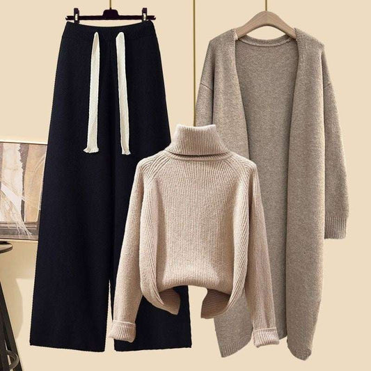 Women's Thick Turtleneck Sweater, Wide Leg Pants and Long Cardigan Outfit Set Pieces - ChoreGirl