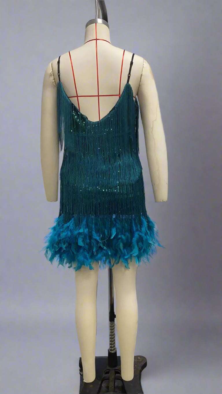 Women's V-Neck Spaghetti Strap Tassel Sequins Feather Party Mini Dress - ChoreGirl