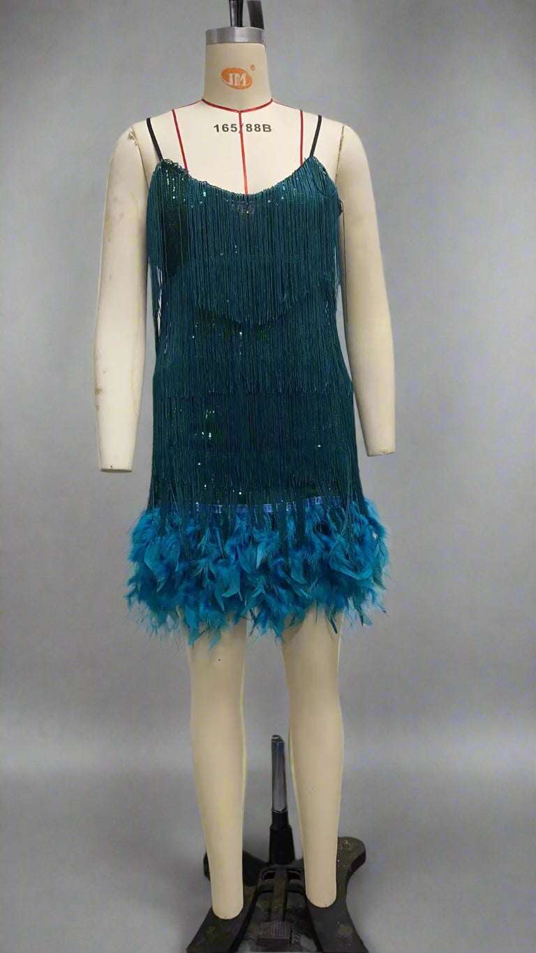 Women's V-Neck Spaghetti Strap Tassel Sequins Feather Party Mini Dress - ChoreGirl