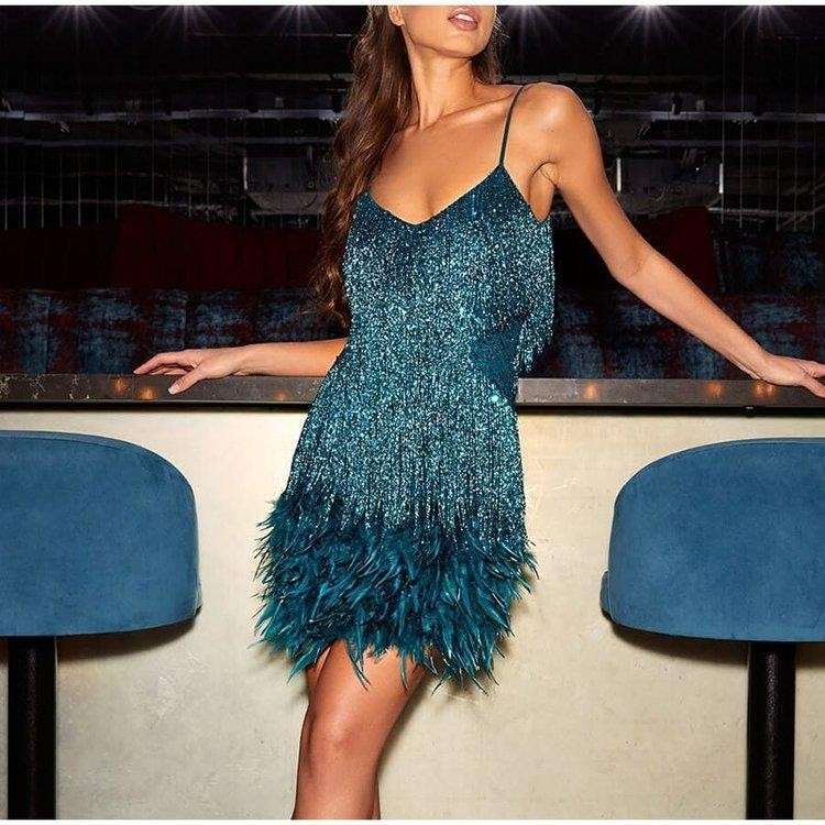 Women's V-Neck Spaghetti Strap Tassel Sequins Feather Party Mini Dress - ChoreGirl