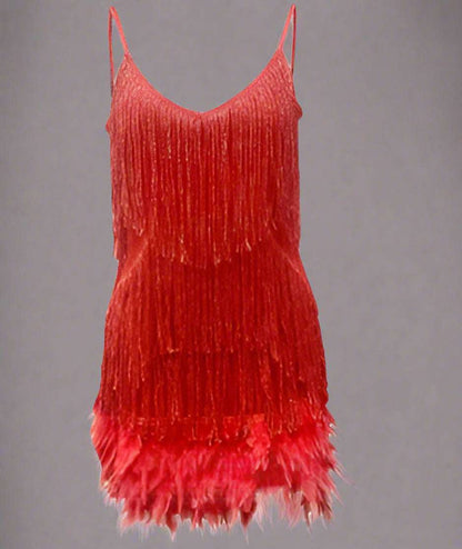 Women's V-Neck Spaghetti Strap Tassel Sequins Feather Party Mini Dress - ChoreGirl