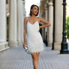 Women's V-Neck Spaghetti Strap Tassel Sequins Feather Party Mini Dress