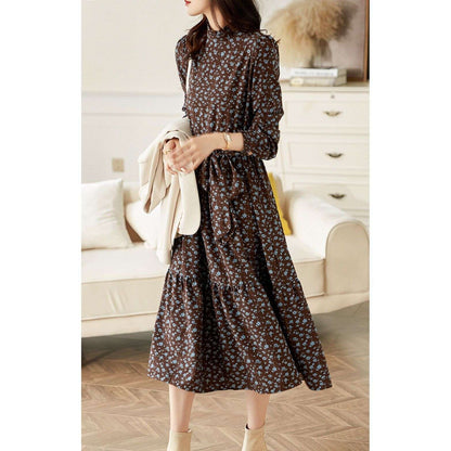 Women's Western Style High Neckline Dark Chocolate Brown Color Dress with Blue Flower Pattern - ChoreGirl