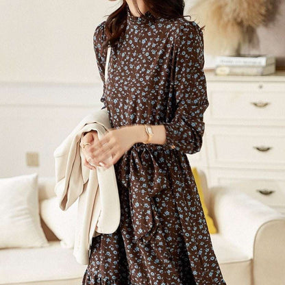 Women's Western Style High Neckline Dark Chocolate Brown Color Dress with Blue Flower Pattern - ChoreGirl
