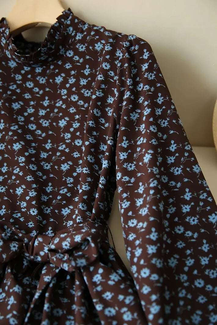 Women's Western Style High Neckline Dark Chocolate Brown Color Dress with Blue Flower Pattern - ChoreGirl
