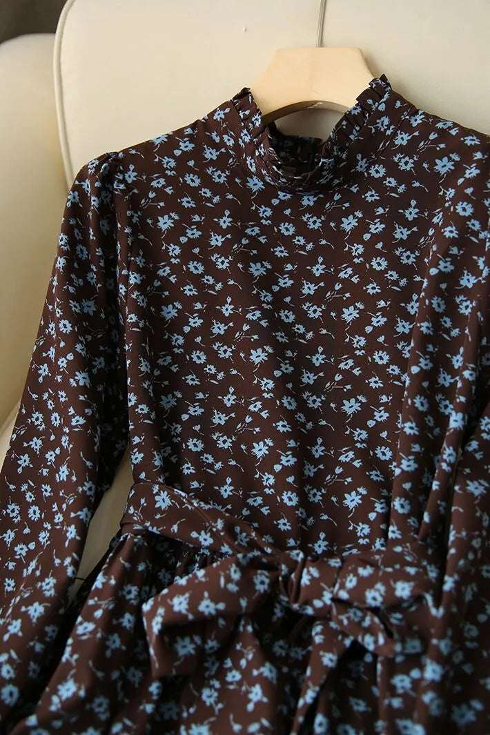 Women's Western Style High Neckline Dark Chocolate Brown Color Dress with Blue Flower Pattern - ChoreGirl