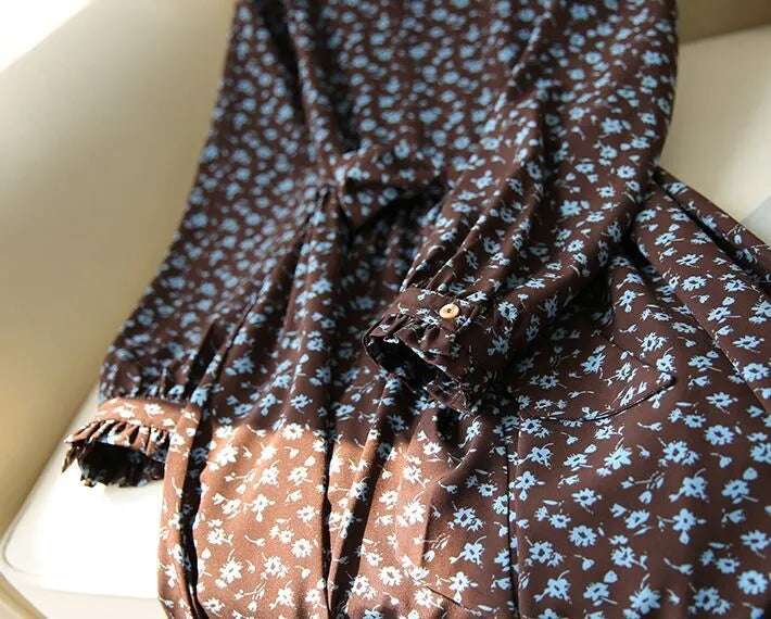 Women's Western Style High Neckline Dark Chocolate Brown Color Dress with Blue Flower Pattern - ChoreGirl