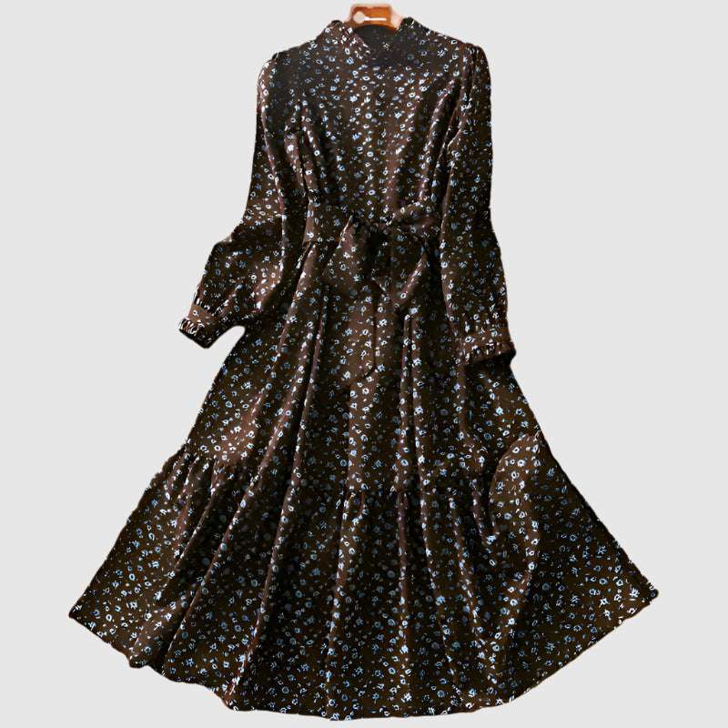 Women's Western Style High Neckline Dark Chocolate Brown Color Dress with Blue Flower Pattern - ChoreGirl
