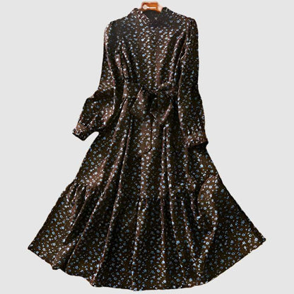 Women's Western Style High Neckline Dark Chocolate Brown Color Dress with Blue Flower Pattern - ChoreGirl