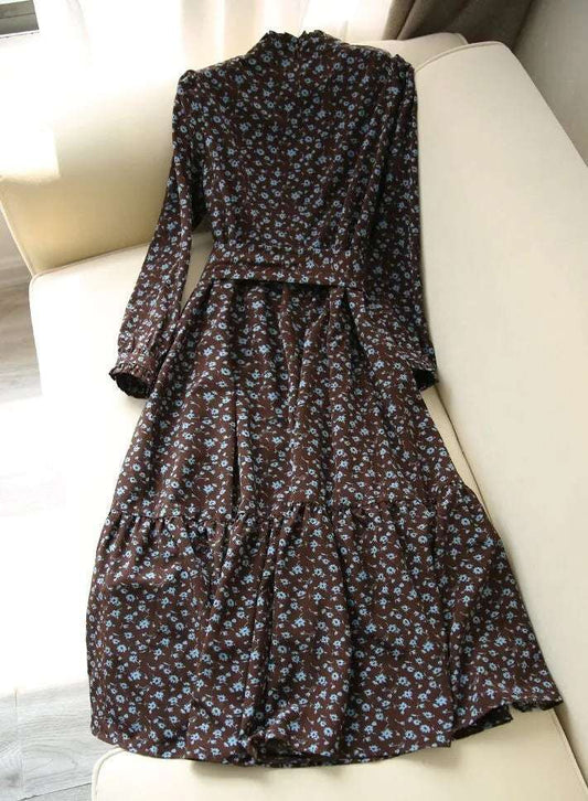 Women's Western Style High Neckline Dark Chocolate Brown Color Dress with Blue Flower Pattern - ChoreGirl