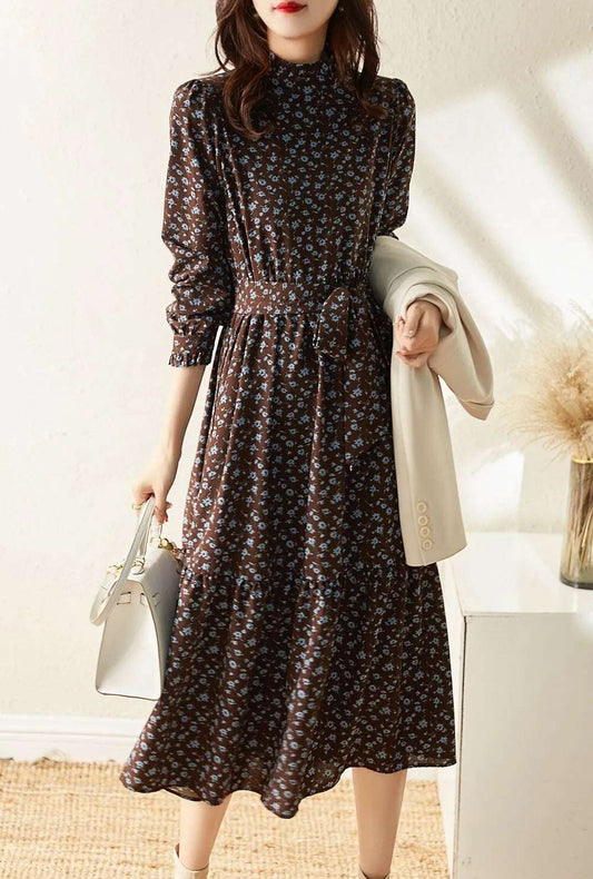 Women's Western Style High Neckline Dark Chocolate Brown Color Dress with Blue Flower Pattern - ChoreGirl