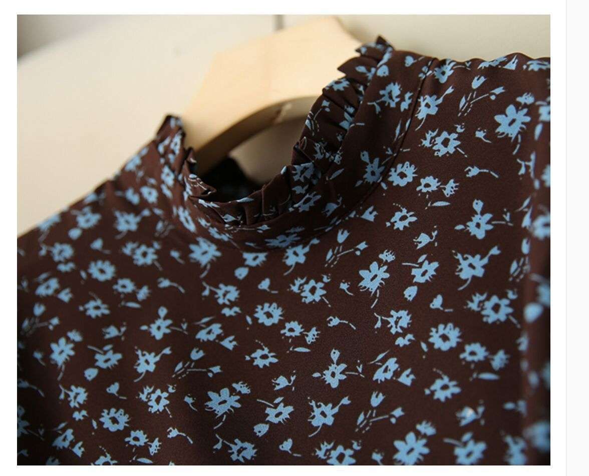 Women's Western Style High Neckline Dark Chocolate Brown Color Dress with Blue Flower Pattern - ChoreGirl