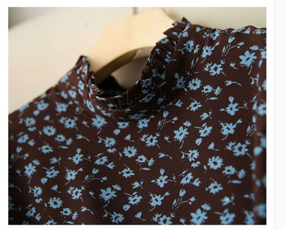 Women's Western Style High Neckline Dark Chocolate Brown Color Dress with Blue Flower Pattern - ChoreGirl