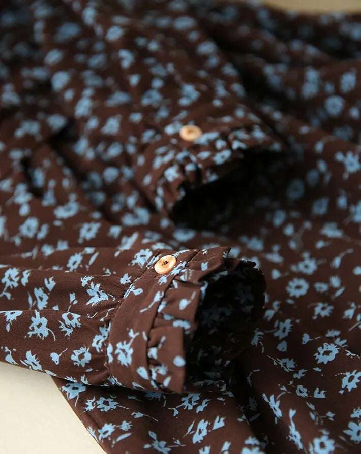 Women's Western Style High Neckline Dark Chocolate Brown Color Dress with Blue Flower Pattern - ChoreGirl