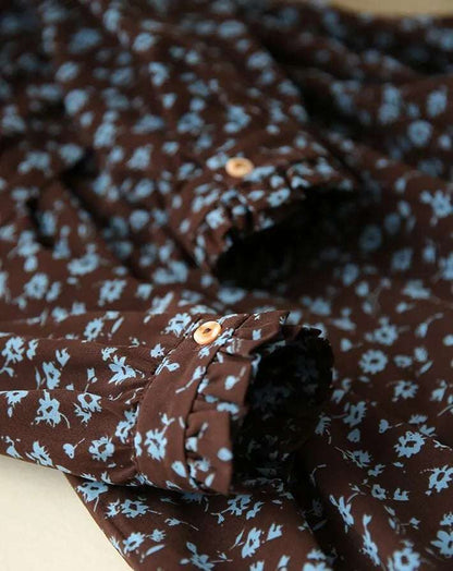 Women's Western Style High Neckline Dark Chocolate Brown Color Dress with Blue Flower Pattern - ChoreGirl