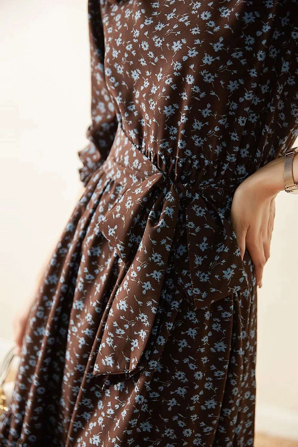 Women's Western Style High Neckline Dark Chocolate Brown Color Dress with Blue Flower Pattern - ChoreGirl