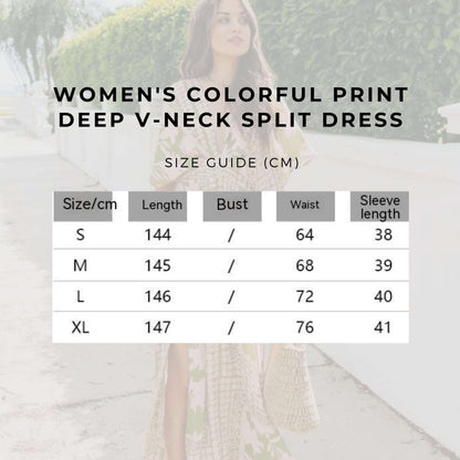 Women's Colorful Print Deep V-neck Split Dress - ChoreGirl